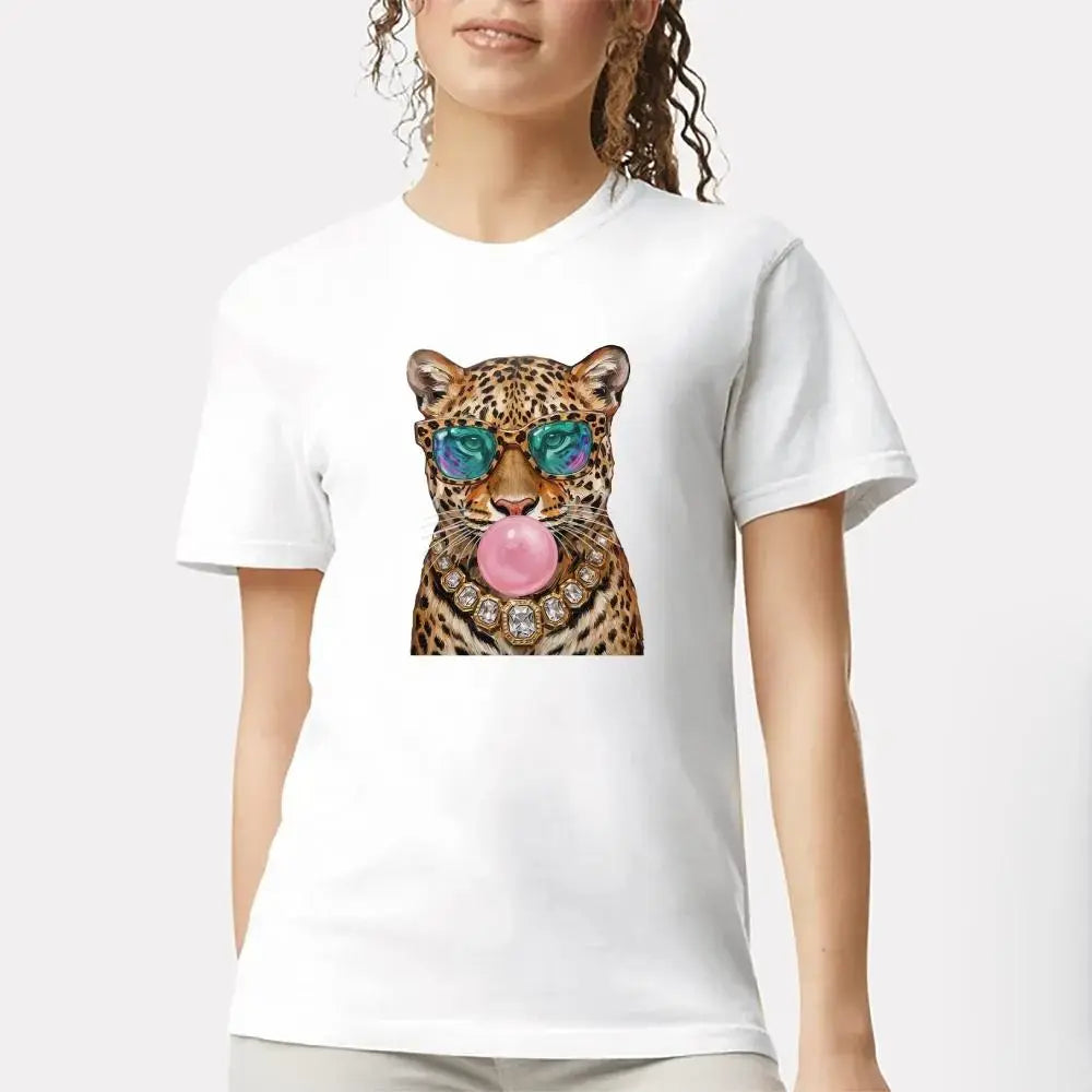 Trendy Leopard Shirt, Bubblegum Sunglasses Big Cat Graphic Unique Tshirt, Retro Animal Graphic