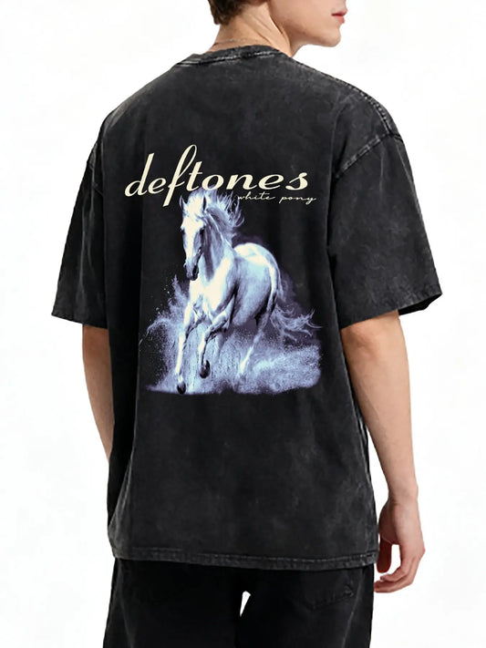 Unisex Retro Limited Vintage Washed T-Shirt, Rock with WHITE PONY Oversized Size Heavy Washed Cotton Tee, 90s Grunge Gothic Punk Y2K Rock Merch,father'sdaygifts Relaxed Fit Streetwear Clothes Soft