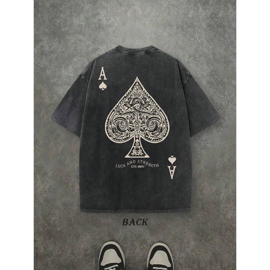 Retro Washed T-Shirt Double Sided Printed (230 Pure T-Shirt) 'LUCK AND STRENGTH' Letter And Ace Of Spades Pattern Print, Men's T-Shirt, Men's Casual, Comfortable, Fashionable T-Shirt, Street Style