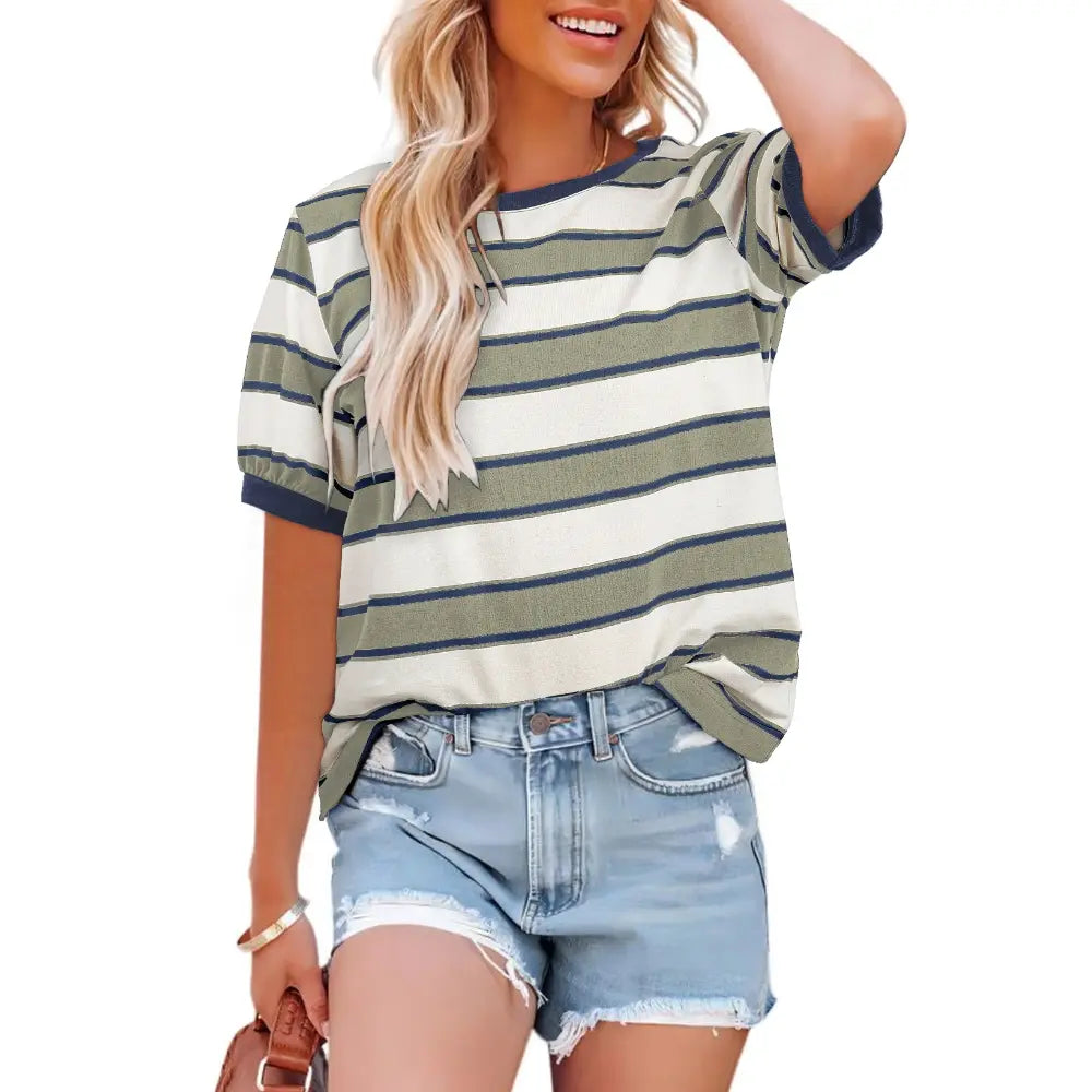Dokotoo Women's Summer Tops 2026 Striped Color Block Short Sleeve T-Shirts Crewneck Casual Loose Basic Tee Blouses 95% Cotton 5% Elastane Breathable Lightweight Soft Durable