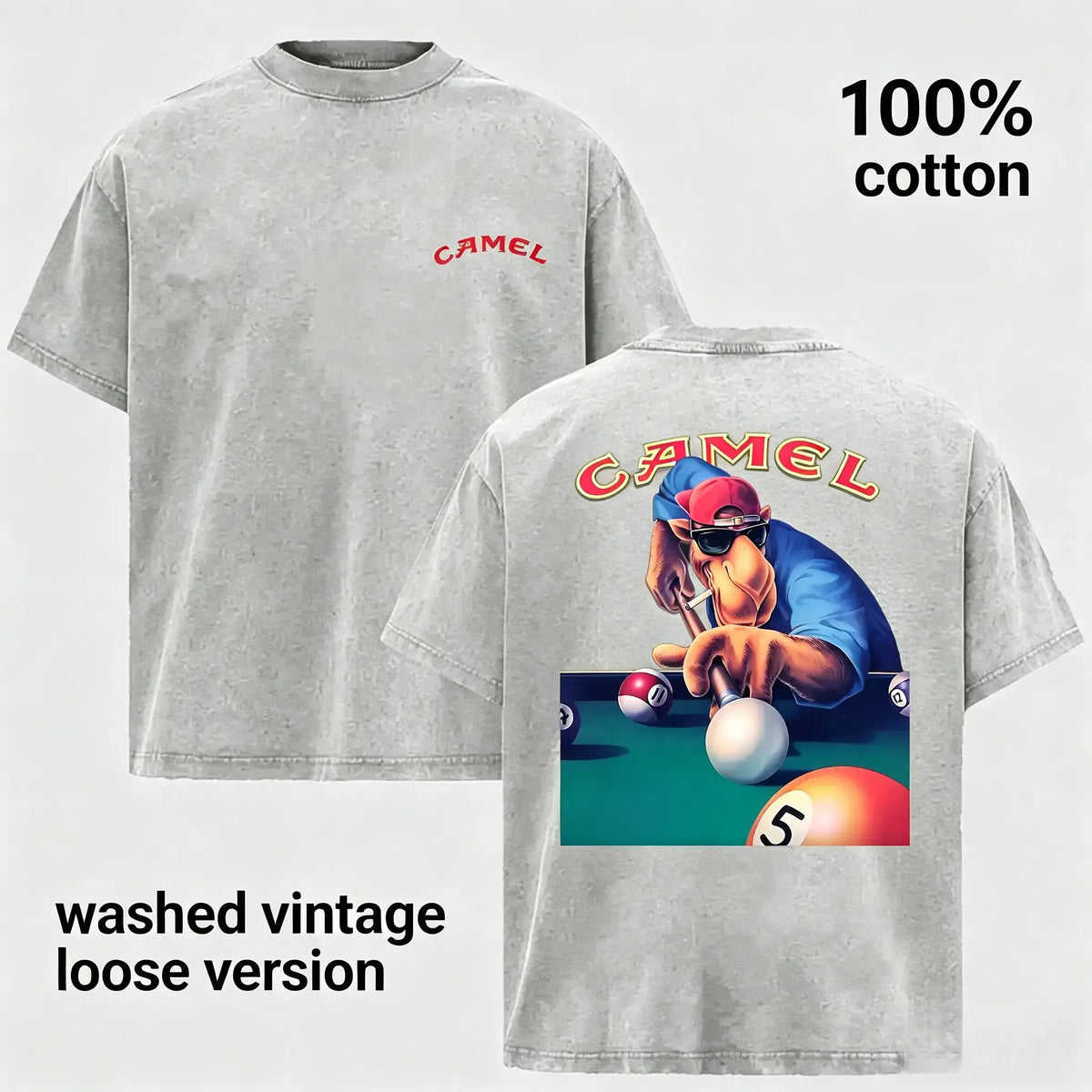 Camel Joe Pool Playing Graphic Tee Vintage Washed 100 Cotton T Shirt Retro Distressed Short Sleeve Casual Streetwear Billiards Shirt Summer Fashion Top Relaxed Fit Loose Version Crew Neck Unisex Tee for Retro Fans