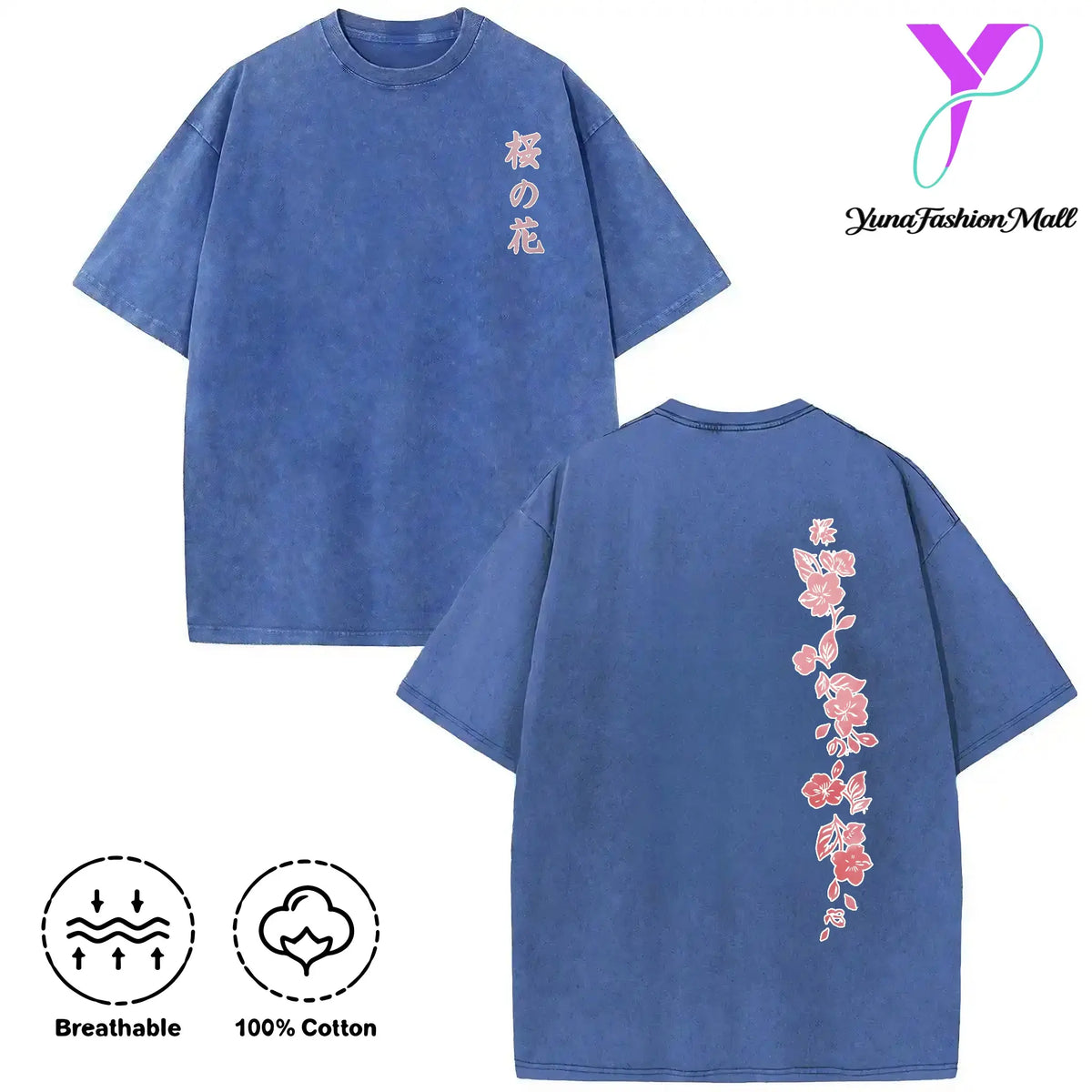 Washed T-shirt Japanese Cherry Blossom Double-Sided Cherry Blossom Pattern Print. Short Sleeve Washed T-Shirt Cotton Double-Sided Washed All-Matching Fashionable Retro Batik High y2k,Vintage,Streetwear Christmas gift,Cyber Monday graphic tees