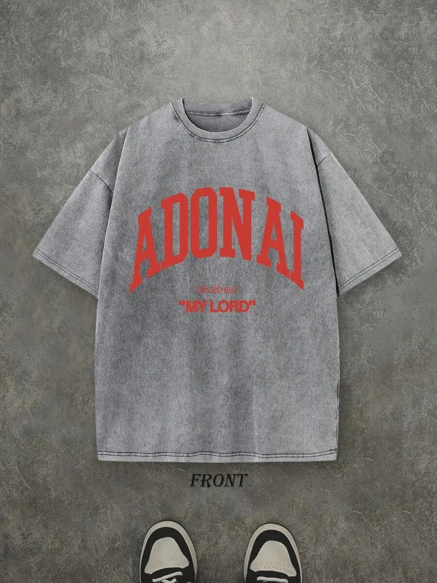 Retro Washed T-Shirt Single-Sided Printed (230 Pure Cotton T-Shirt) 'ADONAI MY LORD' Letter And Pattern Print, Mens TShirt, Mens Shirt Casual, Comfortable, Fashionable T-Shirt, Street Style Cotton