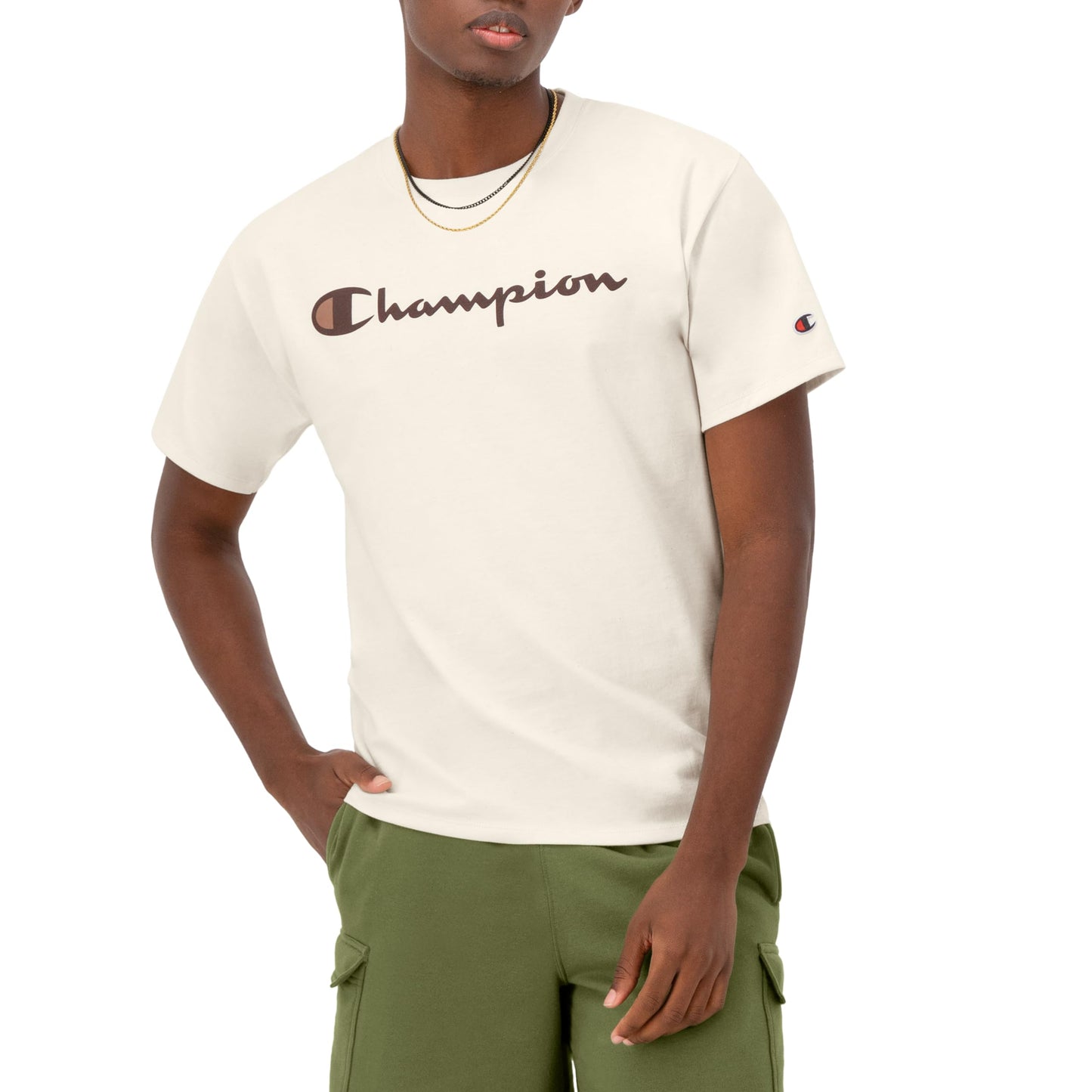 Champion Men's Graphic Short Sleeve T-Shirt, Standard Fit, Classic Script Logo, Midweight 100% Cotton