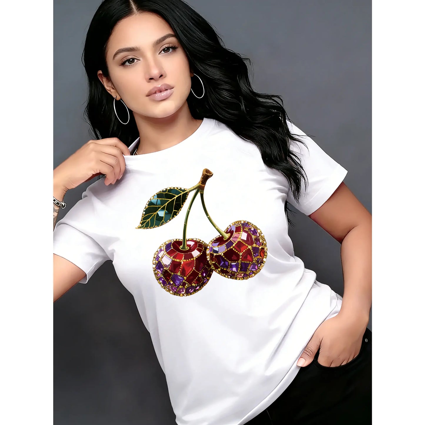 Women's 100% Cotton Smooth Fabric Printed Short-Sleeve Round Neck T-Shirt, Cherry Pattern, Multiple Colors, Sweet Elegant Fit, Birthday Gift, Travel Vacation Wear,mechanic