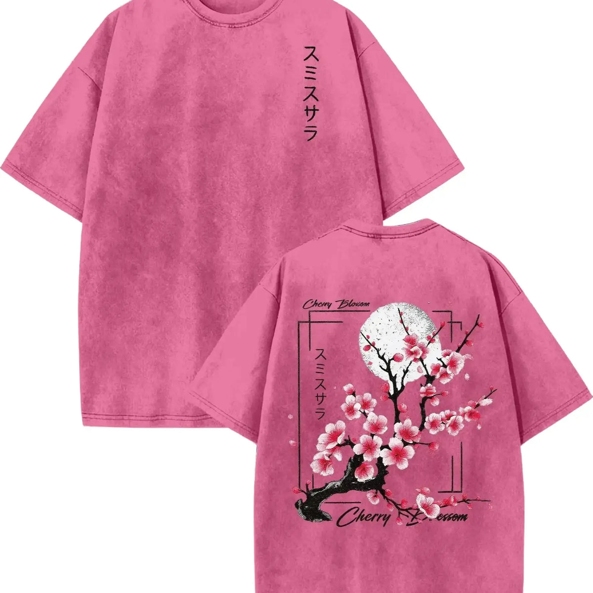 Men's 100% Washed Cotton Fabric Round Neck Short-Sleeve T-Shirt - Vintage Acid-Washed Print Top with Cherry Blossom & Japanese Lettering, Loose Knit Distressed Casual Summer Unisex Wear, Teen Boy Gift Menswear