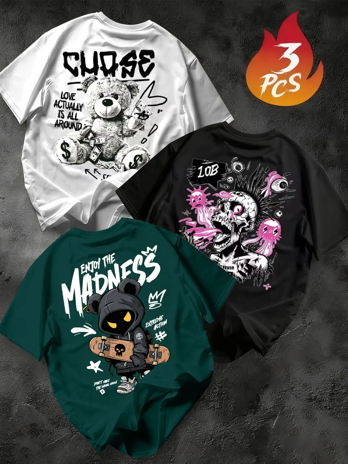 Men's 3-Pack Graffiti Round Neck Short Sleeve T-Shirts, Unique Cool Prints, Loose Fit, Casual Street Style, Daily Wear, Streetwear