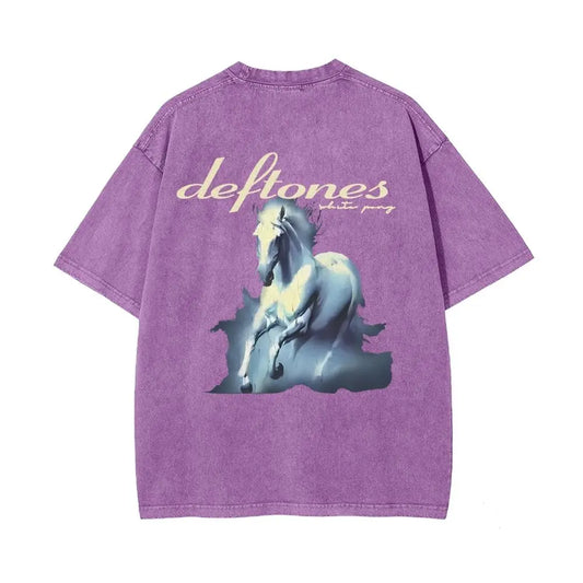 Unisex Retro Limited Vintage Washed T-Shirt, Rock with WHITE PONY Oversized Size Heavy Washed Cotton Tee, 90s Grunge Gothic Punk Y2K Rock Merch,father'sdaygifts