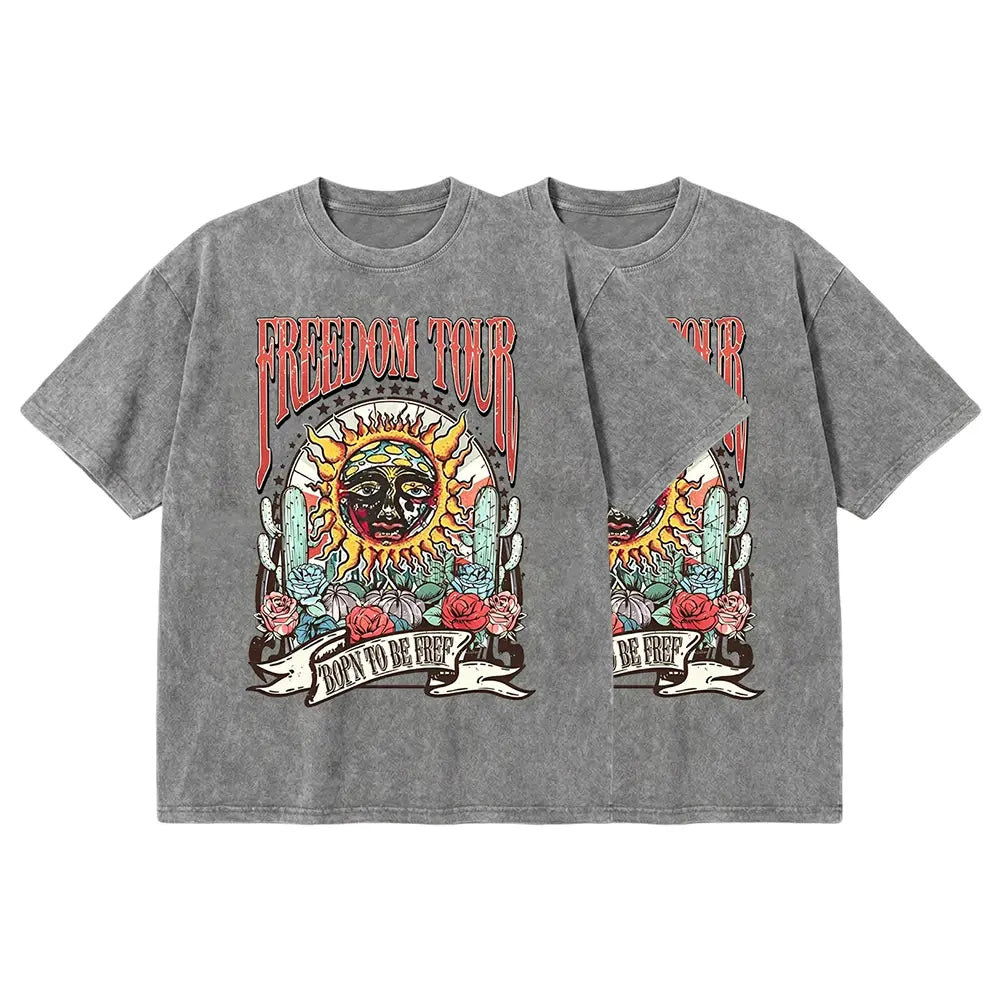 Retro Sublime style sun pattern T-shirt, heavyweight pure cotton Freedom tour band T-shirt, retro mineral washed summer music festival casual loose T-shirt