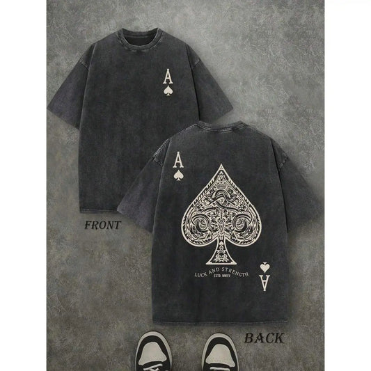 Retro Washed T-Shirt Double Sided Printed (230 Pure Cotton T-Shirt) 'LUCK AND STRENGTH' Letter And Ace Of Spades Pattern Print, Men's T-Shirt, Men's Casual, Comfortable, Fashionable T-Shirt, Men's and women's T-shirts: Unisex cotton T-shirts: Unique gift