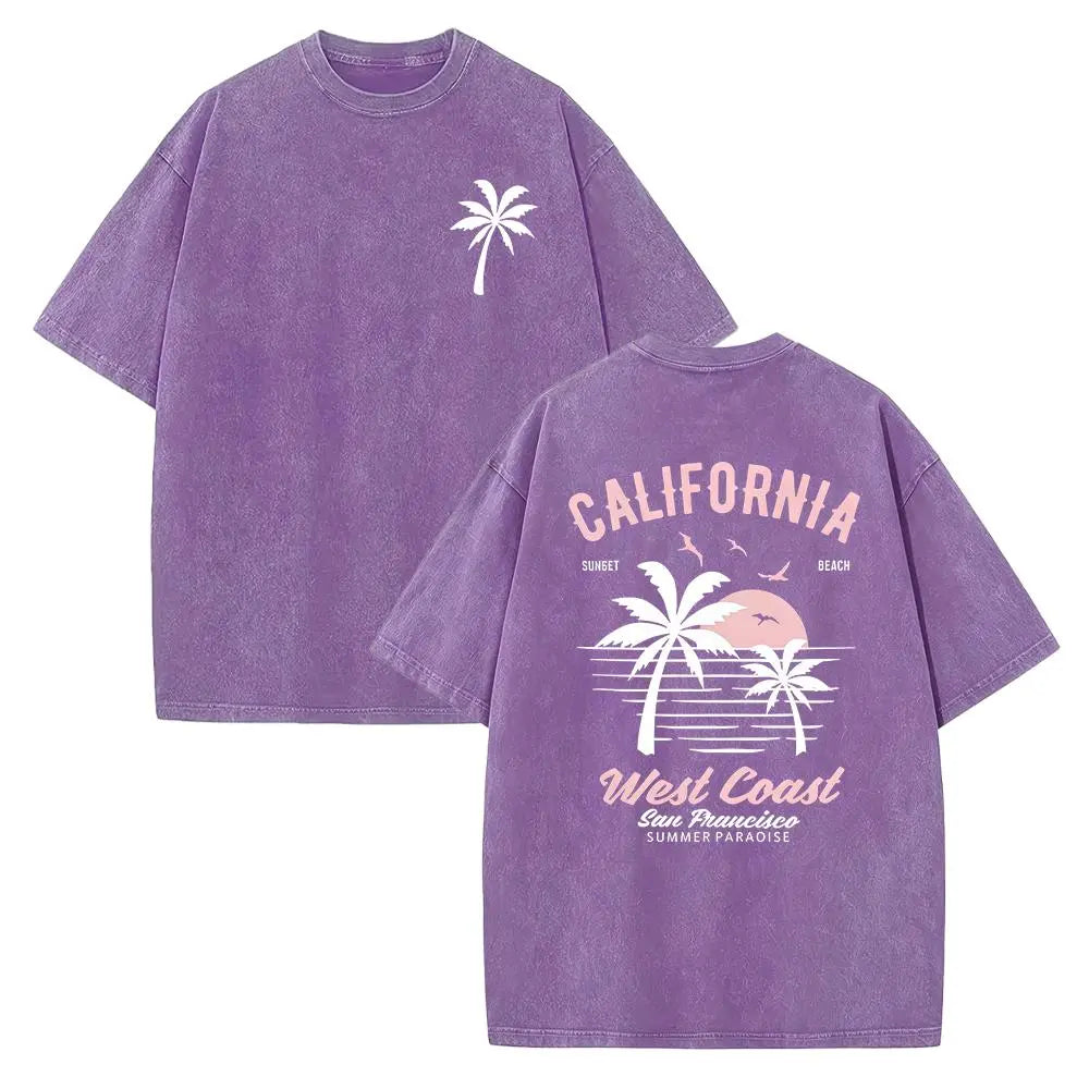 Washed Cotton California Graphic – Soft Vintage Surf Beach with Palm Trees & Retro Print, Loose Fit Summer Casual Shirt for Men Women, Unisex Machine Washable