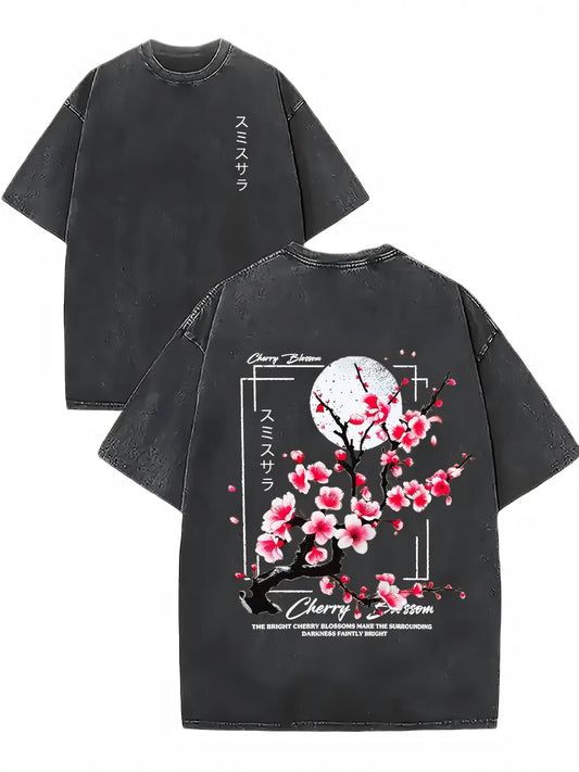 Men's 100% Washed Cotton Fabric Round Neck Short-Sleeve T-Shirt - Vintage Acid-Washed Print Top with Cherry Blossom & Japanese Lettering, Loose Knit Distressed Casual Summer Unisex Wear, Teen Boy Gift Menswear