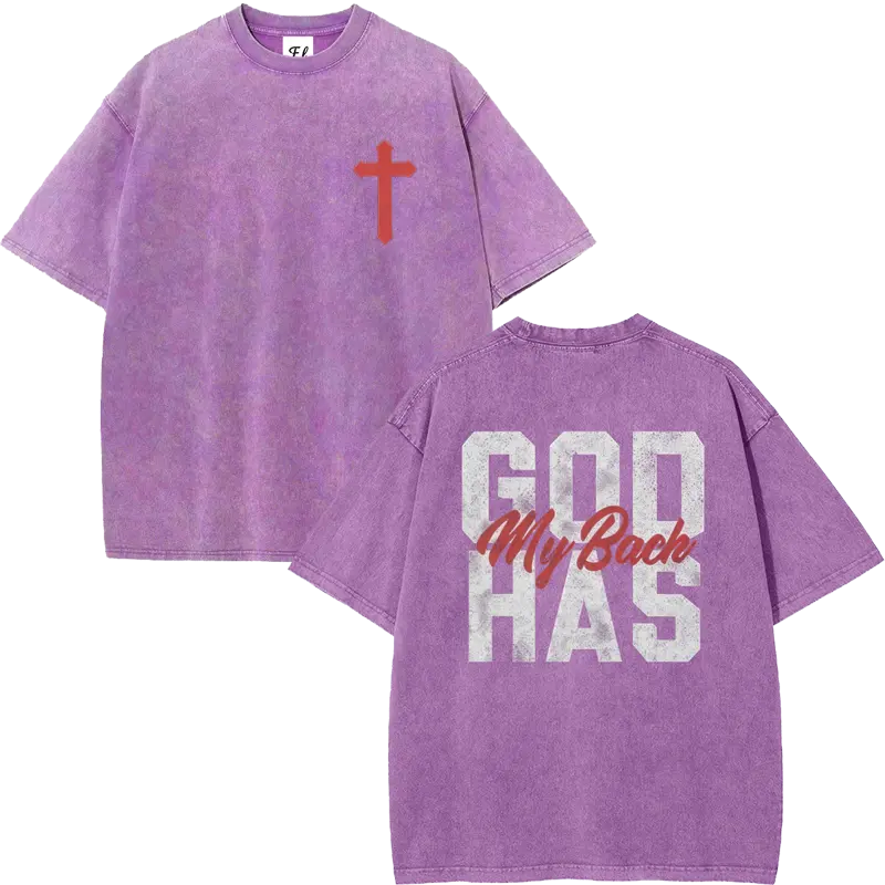 Men's 260g Heavyweight 100% Cotton Casual Short-Sleeve T-Shirt - Round Neck, Retro Acid Washed, Fluffy Breathable Fabric, Moisture-Wicking, "GOD HAS MY BACK" Christian Cross Print, Oversized Plus-Size Christian Clothing Streetwear