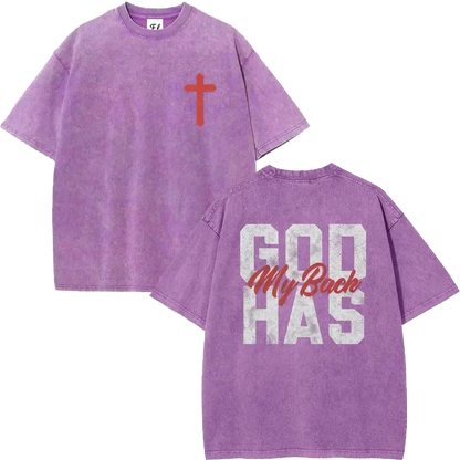 Men's 260g Heavyweight 100% Cotton Casual Short-Sleeve T-Shirt - Round Neck, Retro Acid Washed, Fluffy Breathable Fabric, Moisture-Wicking, "GOD HAS MY BACK" Christian Cross Print, Oversized Plus-Size Christian Clothing Streetwear