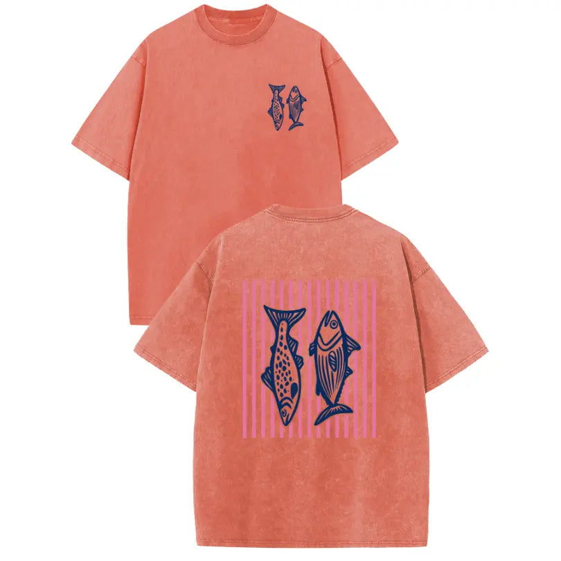 Holafish 2026 100% Cotton Crewneck Acid Wash T‑Shirt, Retro Pink Striped Dual‑Side Fish Graphic Printed Unisex Fashion Tees summervibes Casual Top