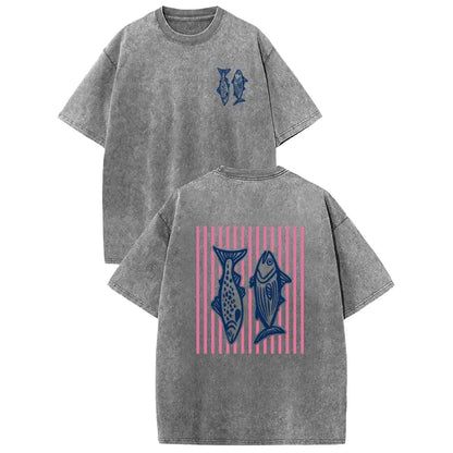 Holafish 2026 100% Cotton Crewneck Acid Wash T‑Shirt, Retro Pink Striped Dual‑Side Fish Graphic Printed Unisex Fashion Tees summervibes Casual Top