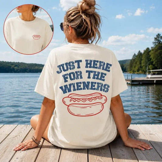 Comfort Colors Just Here For The Wieners T-Shirt - Funny Hot Dog Graphic Tee, Retro 4th of July USA Patriotic Double Sided Summer Vacation Top