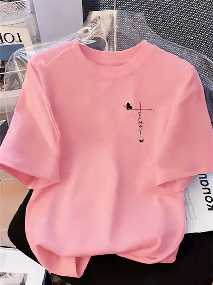 Women's Creative Geometric Iron-On Print Comfortable Loose Fit Casual Slight Stretch Round Neck T-Shirt, Stylish Everyday Daily Wear, Perfect for All Seasons