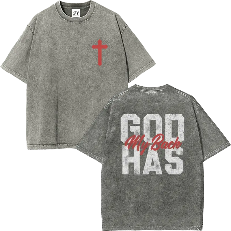 Men's 260g Heavyweight 100% Cotton Casual Short-Sleeve T-Shirt - Round Neck, Retro Acid Washed, Fluffy Breathable Fabric, Moisture-Wicking, "GOD HAS MY BACK" Christian Cross Print, Oversized Plus-Size Christian Clothing Streetwear