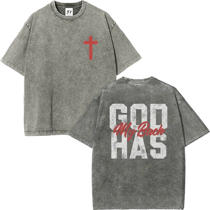 Men's 260g Heavyweight 100% Cotton Casual Short-Sleeve T-Shirt - Round Neck, Retro Acid Washed, Fluffy Breathable Fabric, Moisture-Wicking, "GOD HAS MY BACK" Christian Cross Print, Oversized Plus-Size Christian Clothing Streetwear