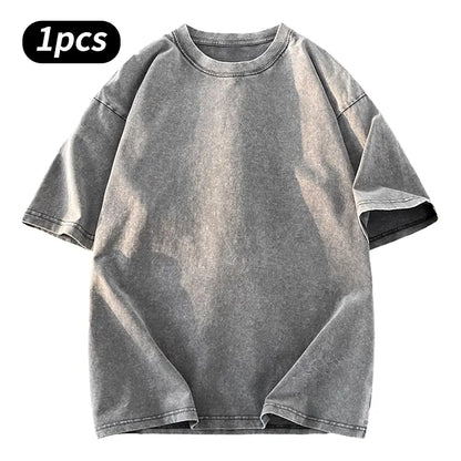 Washed Five-point Sleeve Pure Cotton Retro Crew Neck T-Shirt, Men's Summer Tee for Daily Wear, Running & Sports