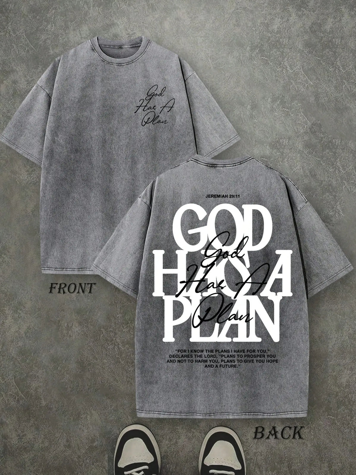Vintage Washed "God Has a Plan" Double-Sided Print Tee | 230gsm Heavyweight Christian Streetwear, Unisex Wide-Shoulder Fit, High-Quality Cotton Casual Top for Men & Women