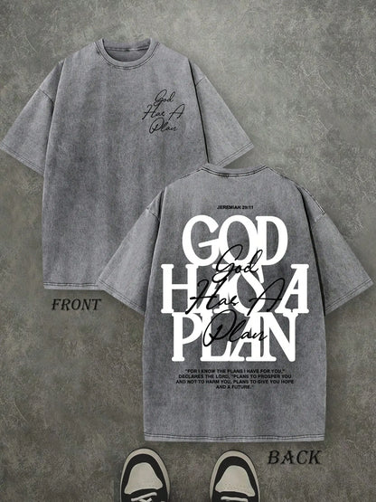 Vintage Washed "God Has a Plan" Double-Sided Print Tee | 230gsm Heavyweight Christian Streetwear, Unisex Wide-Shoulder Fit, High-Quality Cotton Casual Top for Men & Women