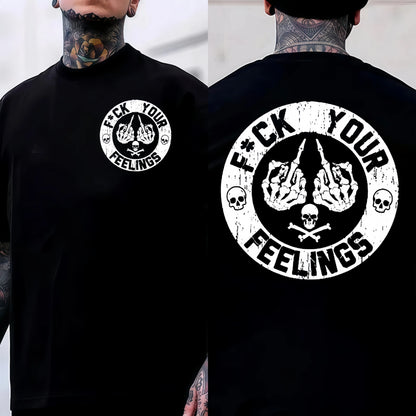 Men's "F*ck Your Feelings" Skull Graphic T-Shirt, Short-Sleeve Round Neck Loose Menswear, Bold Statement Limited Edition Fashion Streetwear Casual Angel Tee tiktokshopspringglowup,summervibes