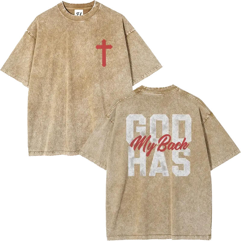 Men's 260g Heavyweight 100% Cotton Casual Short-Sleeve T-Shirt - Round Neck, Retro Acid Washed, Fluffy Breathable Fabric, Moisture-Wicking, "GOD HAS MY BACK" Christian Cross Print, Oversized Plus-Size Christian Clothing Streetwear