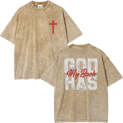 Men's 260g Heavyweight 100% Cotton Casual Short-Sleeve T-Shirt - Round Neck, Retro Acid Washed, Fluffy Breathable Fabric, Moisture-Wicking, "GOD HAS MY BACK" Christian Cross Print, Oversized Plus-Size Christian Clothing Streetwear