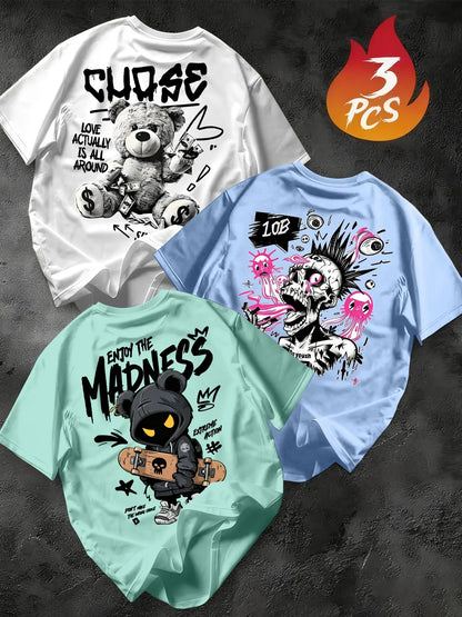 Men's 3-Pack Graffiti Round Neck Short Sleeve T-Shirts, Unique Cool Prints, Loose Fit, Casual Street Style, Daily Wear, Streetwear