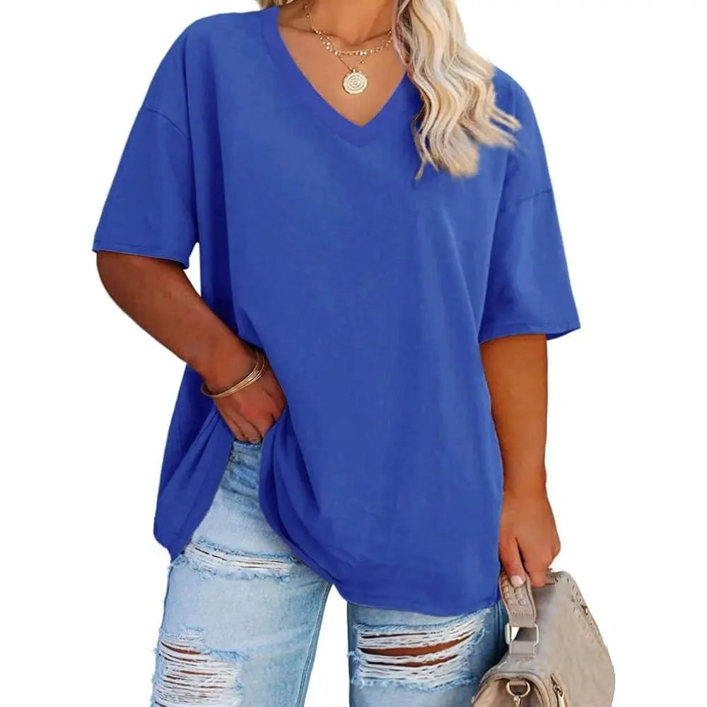 Tankaneo  Women's Plus Size V Neck T Shirts Summer Half Sleeve Tees Casual Loose Fit Cotton Tunic Tops