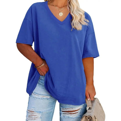Tankaneo  Women's Plus Size V Neck T Shirts Summer Half Sleeve Tees Casual Loose Fit Cotton Tunic Tops