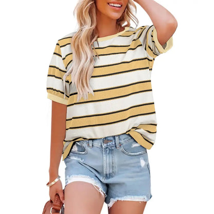 Dokotoo Women's Summer Tops 2026 Striped Color Block Short Sleeve T-Shirts Crewneck Casual Loose Basic Tee Blouses 95% Cotton 5% Elastane Breathable Lightweight Soft Durable