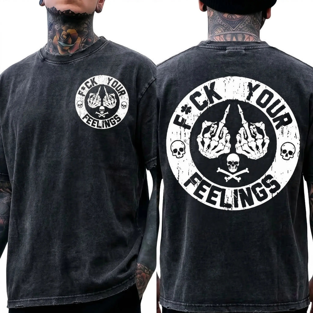 Men's "F*ck Your Feelings" Skull Graphic T-Shirt, Short-Sleeve Round Neck Loose Menswear, Bold Statement Limited Edition Fashion Streetwear Casual Angel Tee tiktokshopspringglowup,summervibes