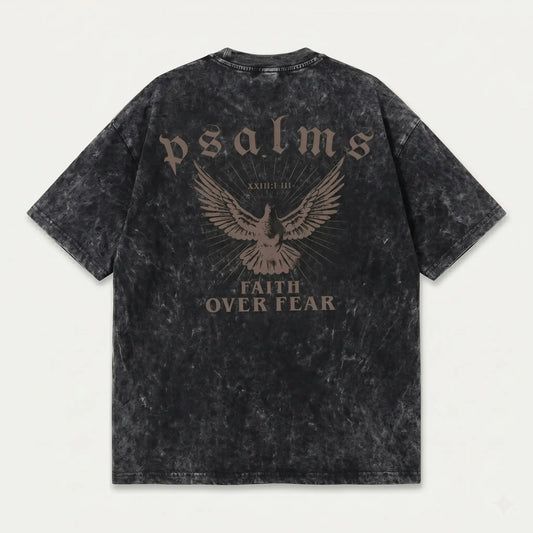 Vintage Washed "Faith Over Fear" Psalms Dove Graphic T-Shirt Oversized Christian Faith Streetwear TeeDistressed Acid Wash Black Tshirt | Psalms "Faith Over Fear" Retro Dove Christian Oversized Religious Short Sleeve