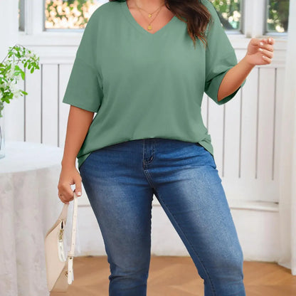 Tankaneo  Women's Plus Size V Neck T Shirts Summer Half Sleeve Tees Casual Loose Fit Cotton Tunic Tops
