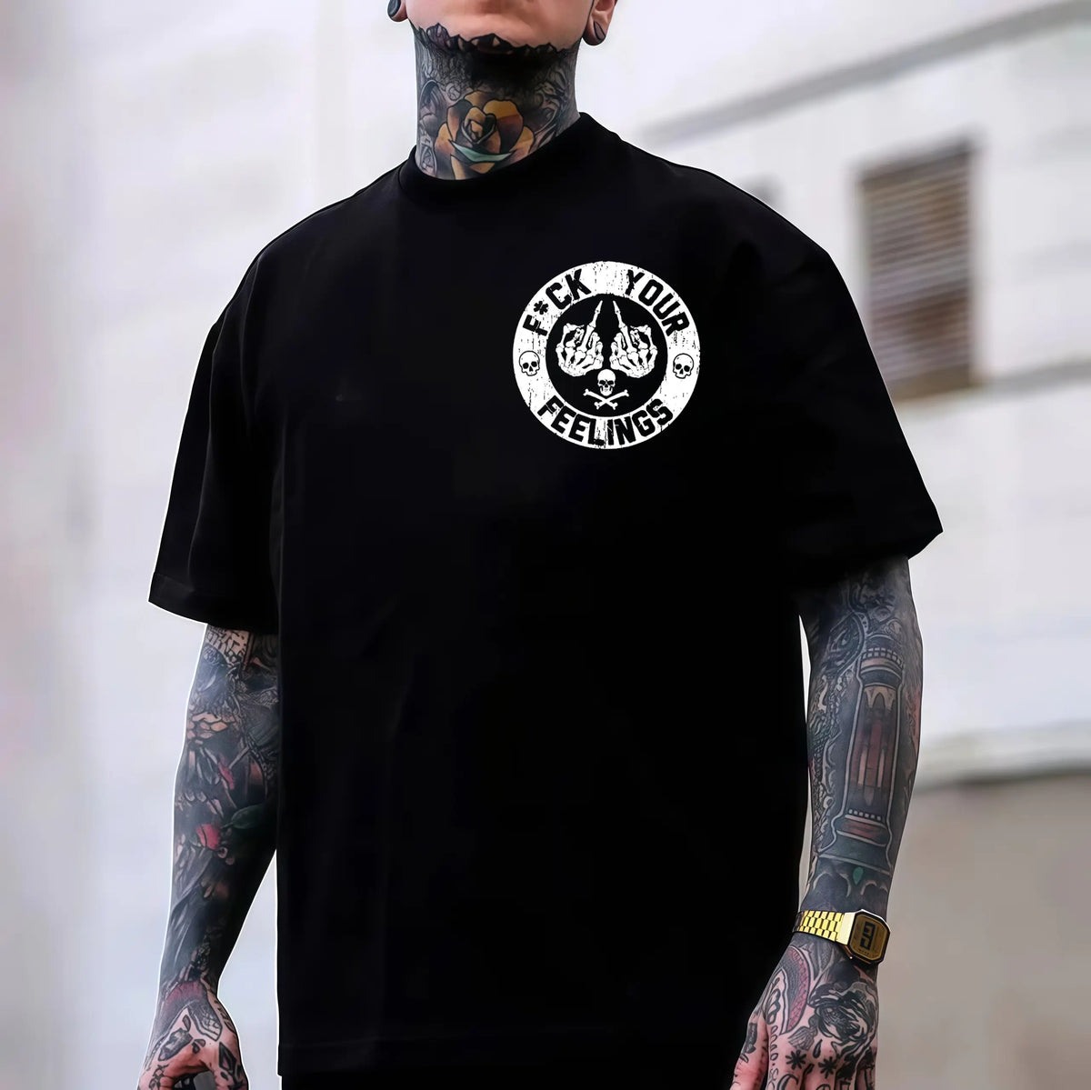 Men's "F*ck Your Feelings" Skull Graphic T-Shirt, Short-Sleeve Round Neck Loose Menswear, Bold Statement Limited Edition Fashion Streetwear Casual Angel Tee tiktokshopspringglowup,summervibes