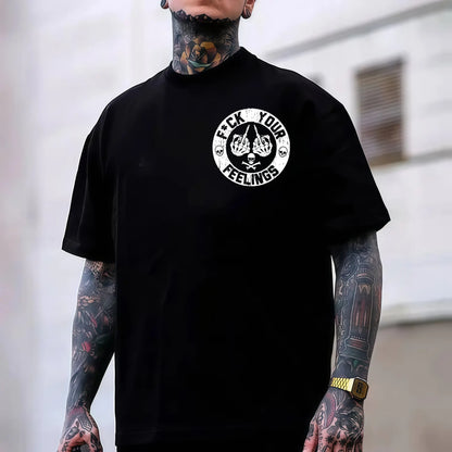 Men's "F*ck Your Feelings" Skull Graphic T-Shirt, Short-Sleeve Round Neck Loose Menswear, Bold Statement Limited Edition Fashion Streetwear Casual Angel Tee tiktokshopspringglowup,summervibes