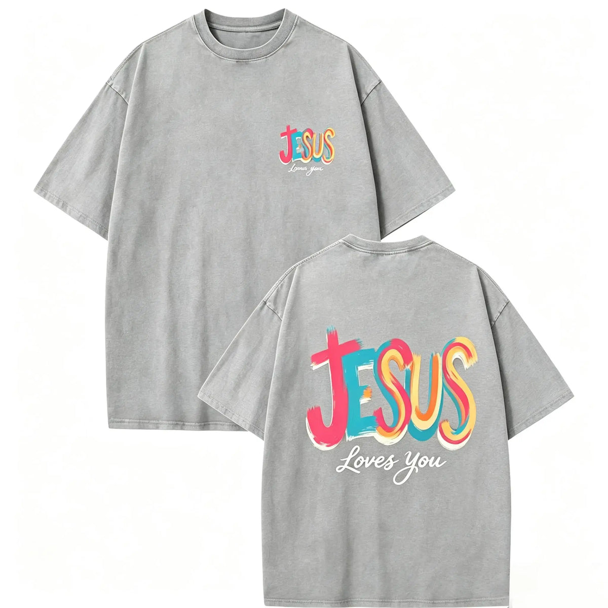 Washed T - Shirt, 1pc Y2K Retro Style, 230G Printed Spring Summer Crew Neck 100% Cotton Soft Daily Streetwear Faith Short - Sleeve T - Shirt with Colorful 'JESUS' on Front and Back fathersdaygift，funny graphic tee, men’s trendy t-shirts,