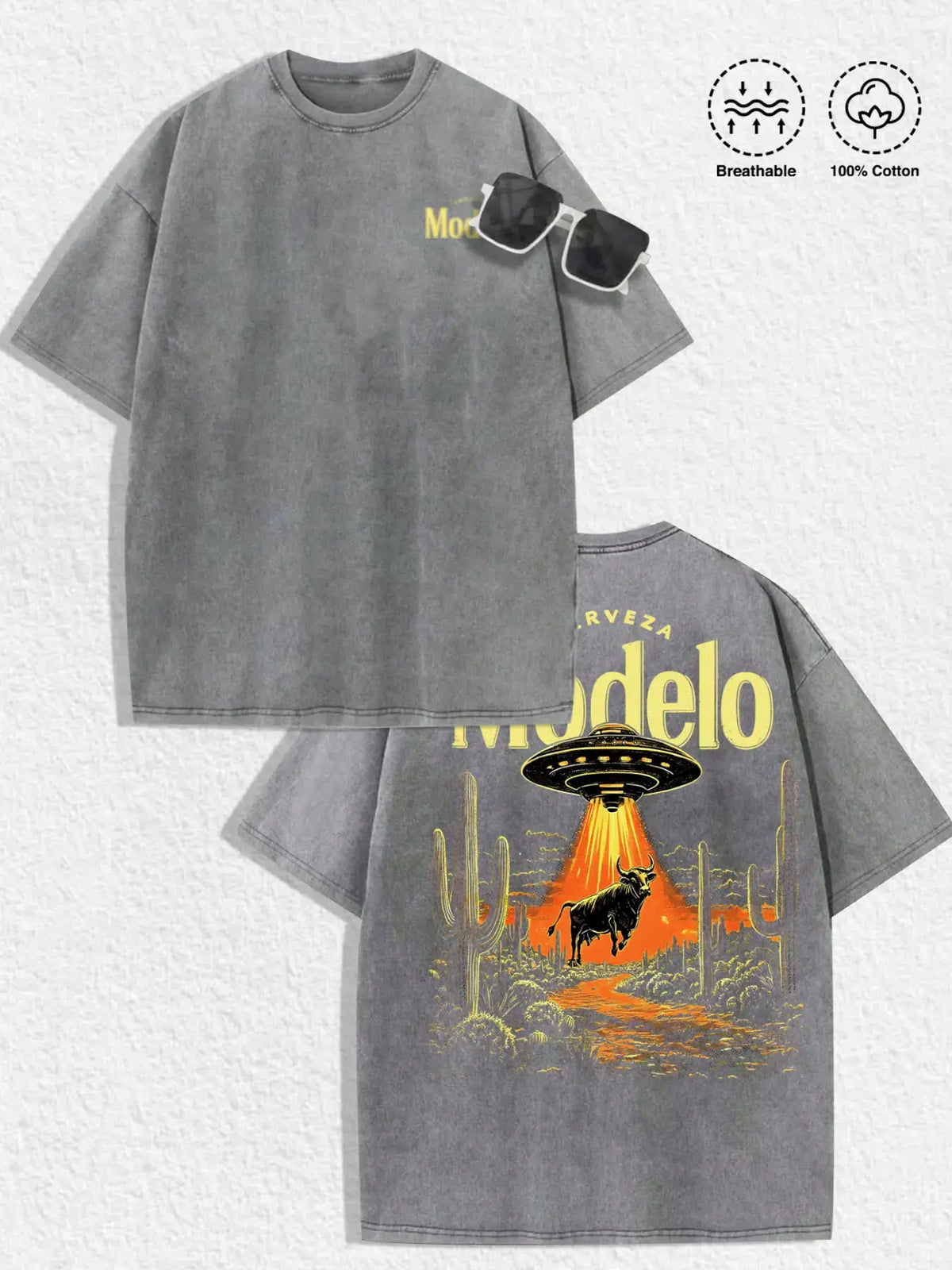 1 PCS Retro Washed Black Short Sleeve T-Shirt, Front Mini "Cerveza" Print + Back UFO & Western Bull Desert Graphic, Sci-Fi Western Streetwear Style, 100% Cotton Unisex Oversized Tee, Streetwear Meetups, Great Gift for Sci-Fi & Western Fans