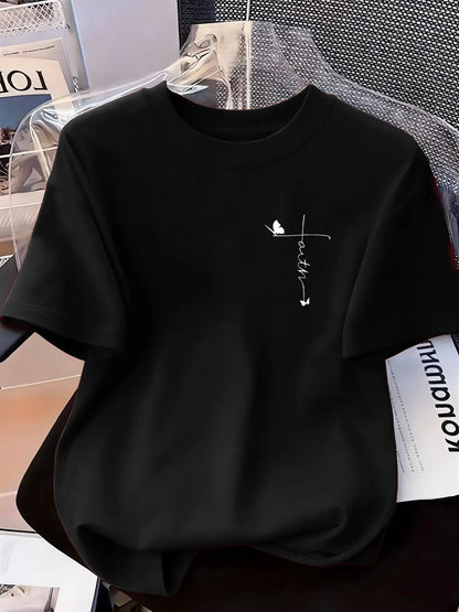 Women's Creative Geometric Iron-On Print Comfortable Loose Fit Casual Slight Stretch Round Neck T-Shirt, Stylish Everyday Daily Wear, Perfect for All Seasons
