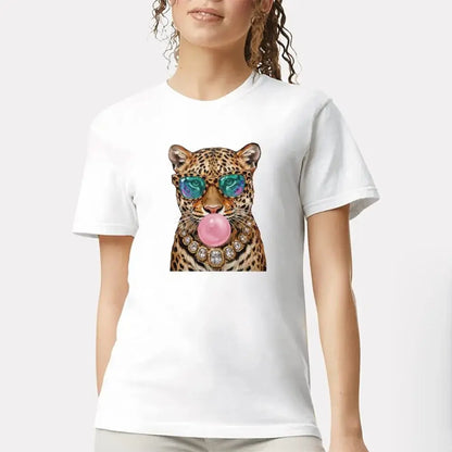 Trendy Leopard Shirt, Bubblegum Sunglasses Big Cat Graphic Unique Tshirt, Retro Animal Graphic