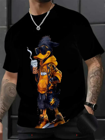 Men's 3D Cartoon Print Round Neck Short Sleeve Casual Streetwear T-Shirt, Fitted All over Print, Long Clothing, All Seasons Wear