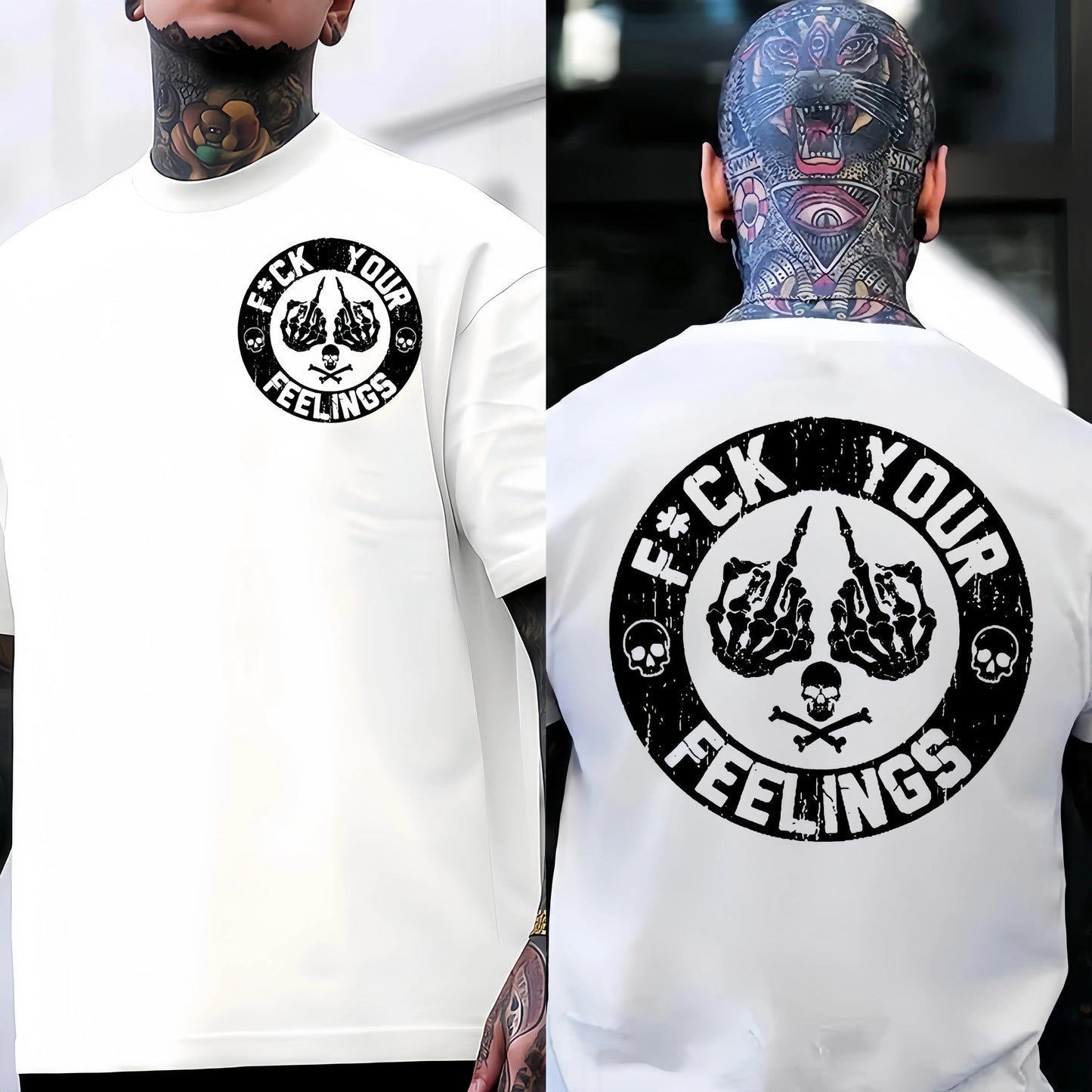Men's "F*ck Your Feelings" Skull Graphic T-Shirt, Short-Sleeve Round Neck Loose Menswear, Bold Statement Limited Edition Fashion Streetwear Casual Angel Tee tiktokshopspringglowup,summervibes