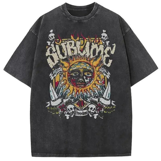 Unisex Oversized T-Shirt, Vintage Washed Sun Graphic Tee, Retro 90s Distressed Short Sleeve Round Neck Streetwear Menswear Top