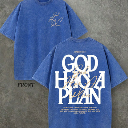 Vintage Washed "God Has a Plan" Double-Sided Print Tee | 230gsm Heavyweight Christian Streetwear, Unisex Wide-Shoulder Fit, High-Quality Cotton Casual Top for Men & Women