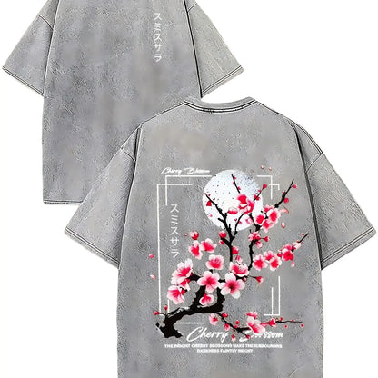 Men's 100% Washed Cotton Fabric Round Neck Short-Sleeve T-Shirt - Vintage Acid-Washed Print Top with Cherry Blossom & Japanese Lettering, Loose Knit Distressed Casual Summer Unisex Wear, Teen Boy Gift Menswear