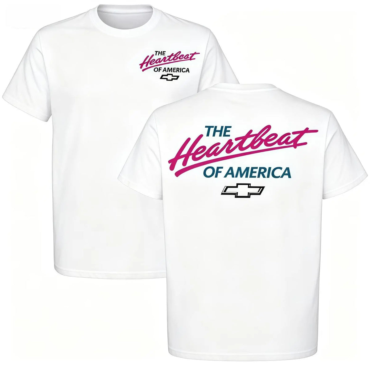 Cotton Soft Short-Sleeve Classic Casual "The Heartbeat Of America" Chevy Graphic Tee, Retro Neon Style American Car Top, Full Size, Full Color