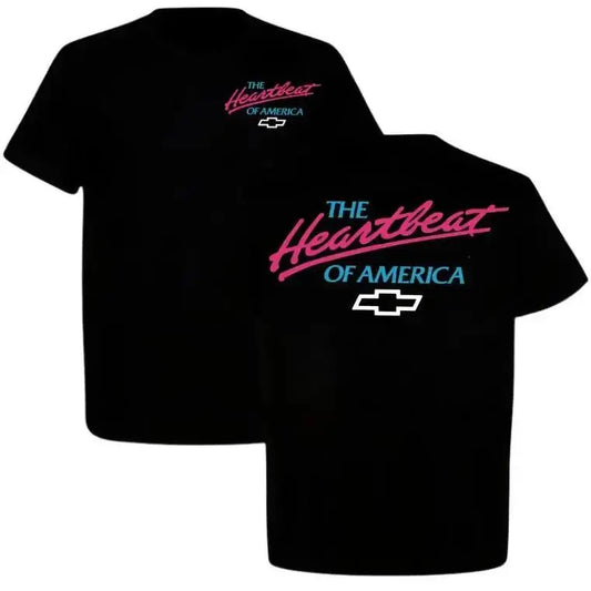 Cotton Soft Short-Sleeve Classic Casual "The Heartbeat Of America" Chevy Graphic Tee, Retro Neon Style American Car Top, Full Size, Full Color